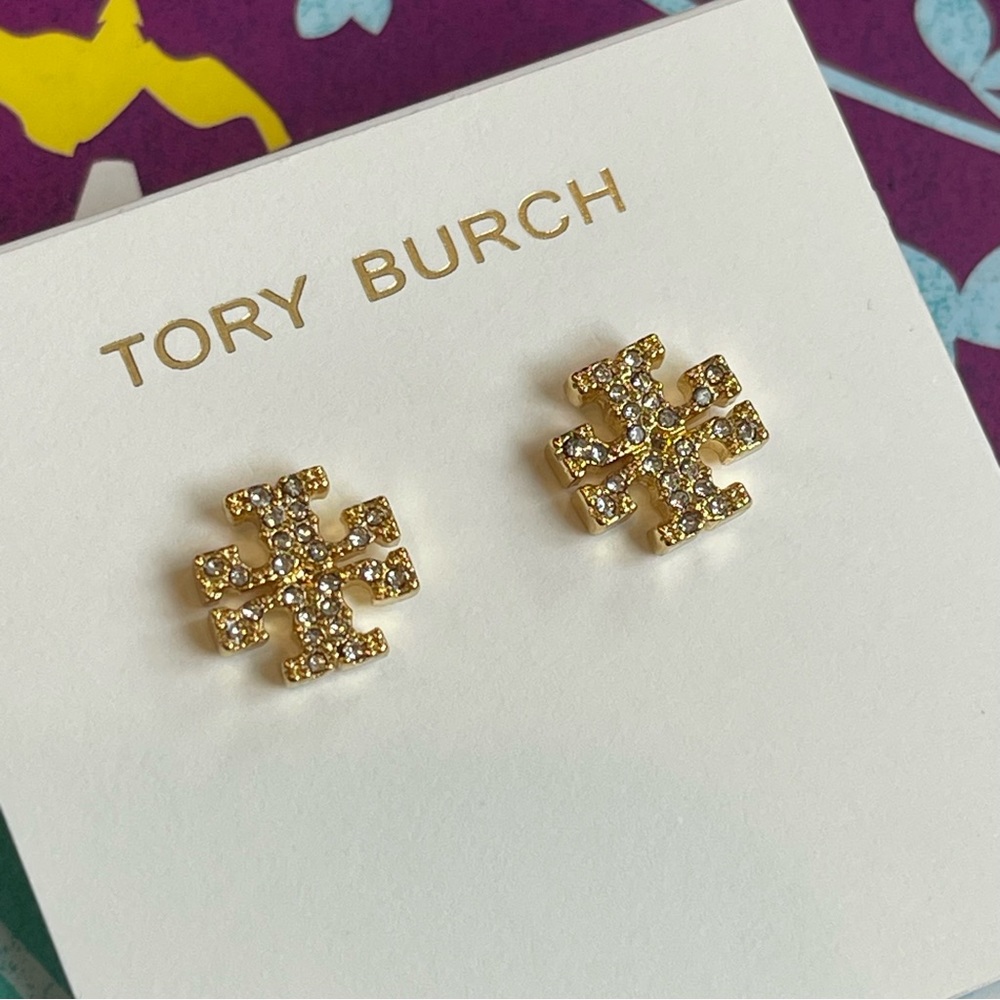 SOLD-OUT TORY BURCH KIRA CRYSTAL LOGO STUD EARRINGS - Gold - Mother’s Day Gift